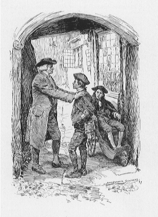 a man and two boys in an archway, one sitting in a wheelchair, the other standing. The man has his hands on the shoulders of the standing boy and is looking at him sternly.