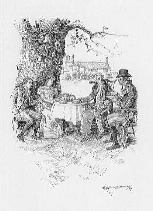four people dining at a table under a tree. one woman and three men