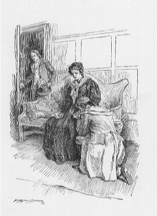 a man kneeling and kissing the hand of a seated woman, another man standing at a doorway