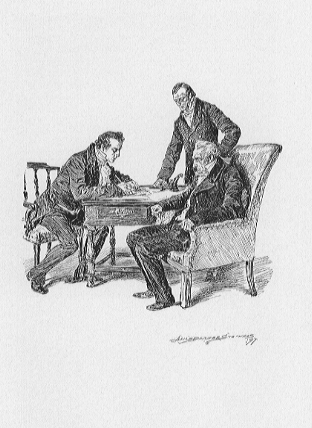three men at a table, one writing