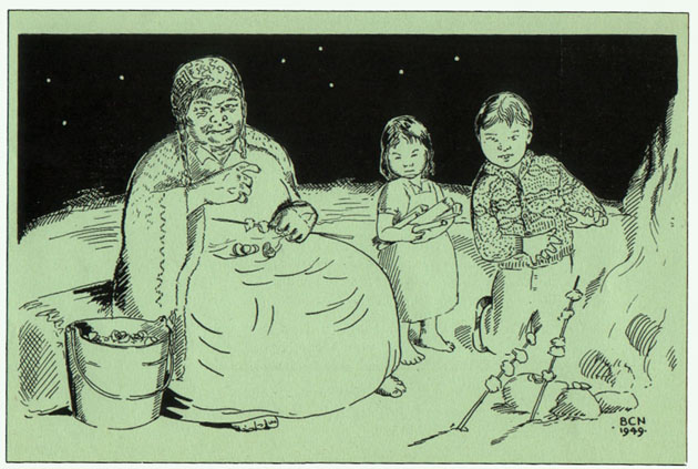 a large woman sitting on a log with a bucket next to her. two children stand beside her and the night sky can be seen behind them