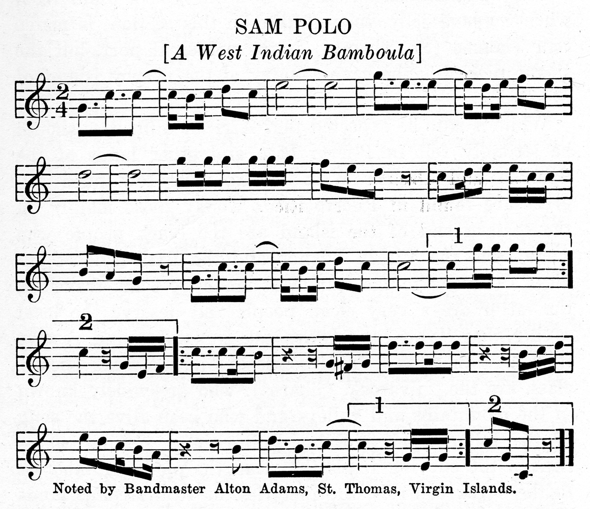 sheet music for Sam Polo, a West Indian Bamboula, Noted by Bandmaster Alton Adams, St. Thomas, Virgin Islands.
