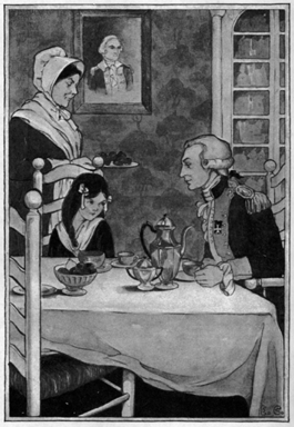 General Lafayette and girl sitting down to tea. A woman brings a plate of sweets.