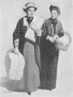 two women in hats and long skirts carrying parcels