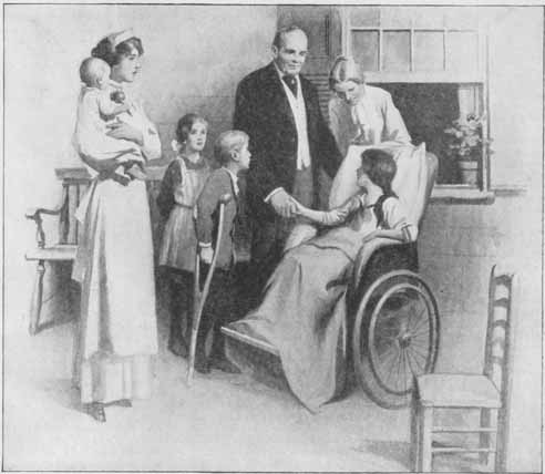 a nurse and several children, being introduced to a man by another woman