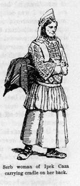 drawing, Serb woman of Ipek Caza carrying cradle on her back