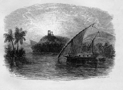 river with a boat in the foreground and an island of palm trees. there is an island with a building off in the distance.