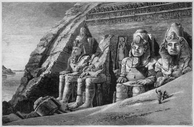 drawing of a sculpture of four monumental seated figures, one whose head is missing. there are additional reliefs carved into the wall behind them. 