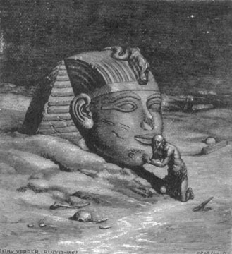 man kneeling before the head of the sphinx, his ear to its mouth