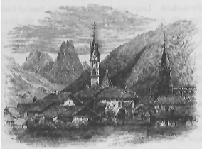 charming village sketch with mountains in background.