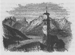 view of a lighthouse with the lake and mountains behind it.