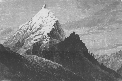 detail of two sharp mountain peaks, one snow-capped.