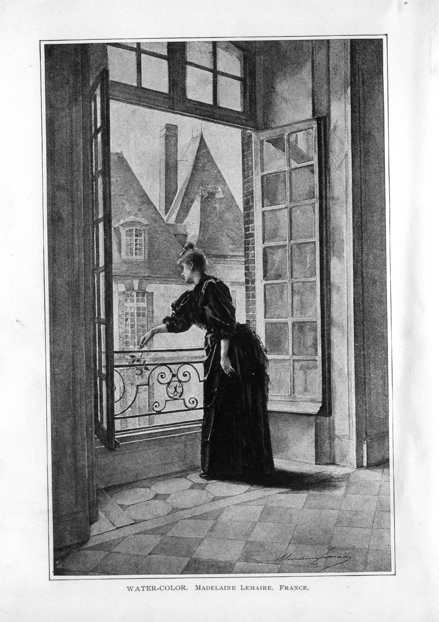 woman in dark dress standing by open window with low railing