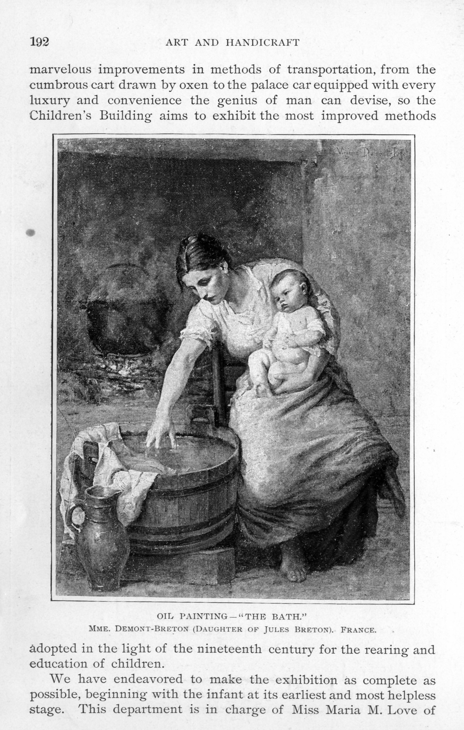 barefoot peasant woman holding baby and testing water with her hand in a wooden washbasin
