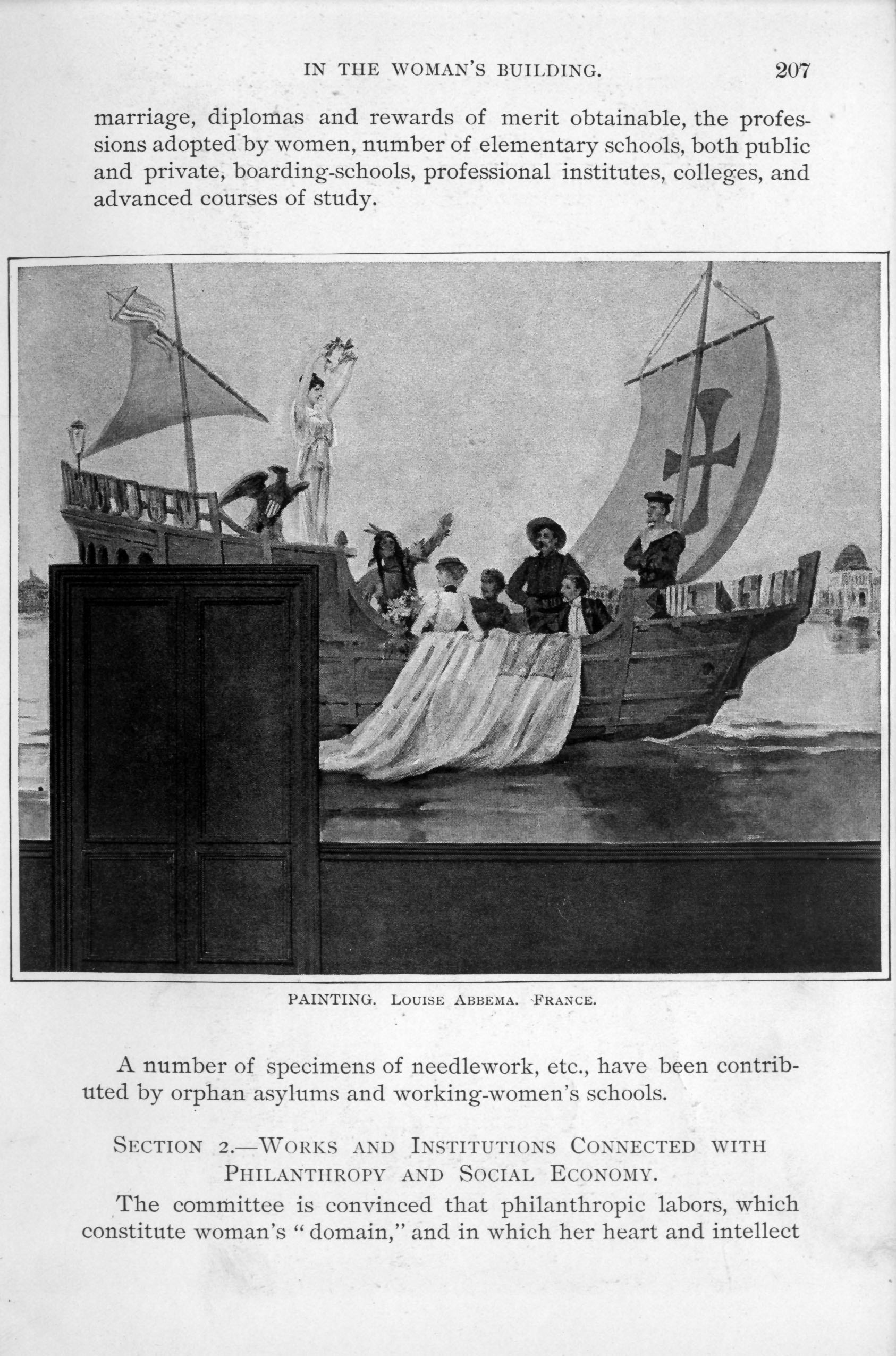 several men and women seated in a small boat with a sail, native american and woman holding up a laurel wreath are with them