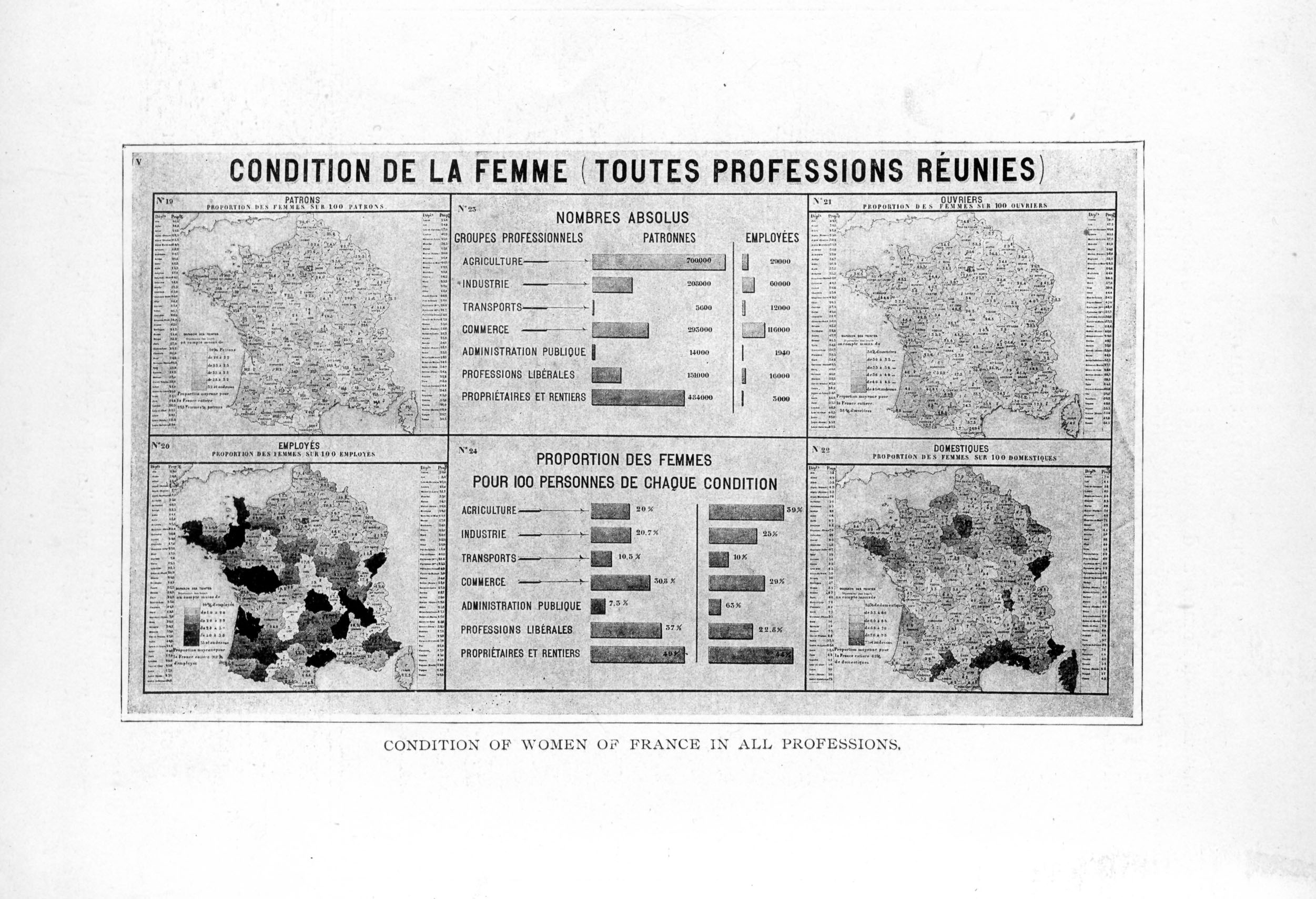 four maps of France, charts, and graphs
