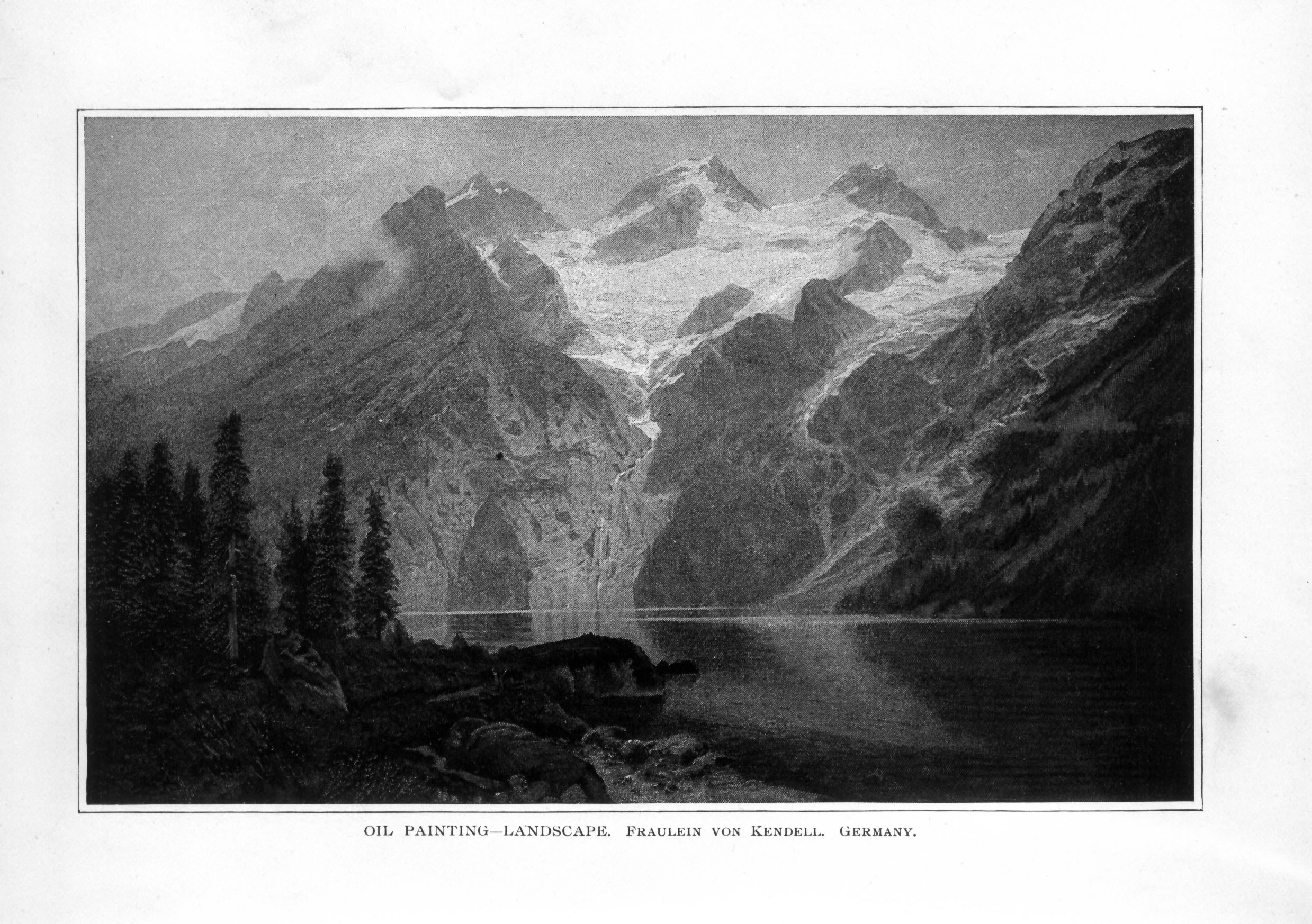 landscape with snow-capped mountains, evergreen trees, and a lake