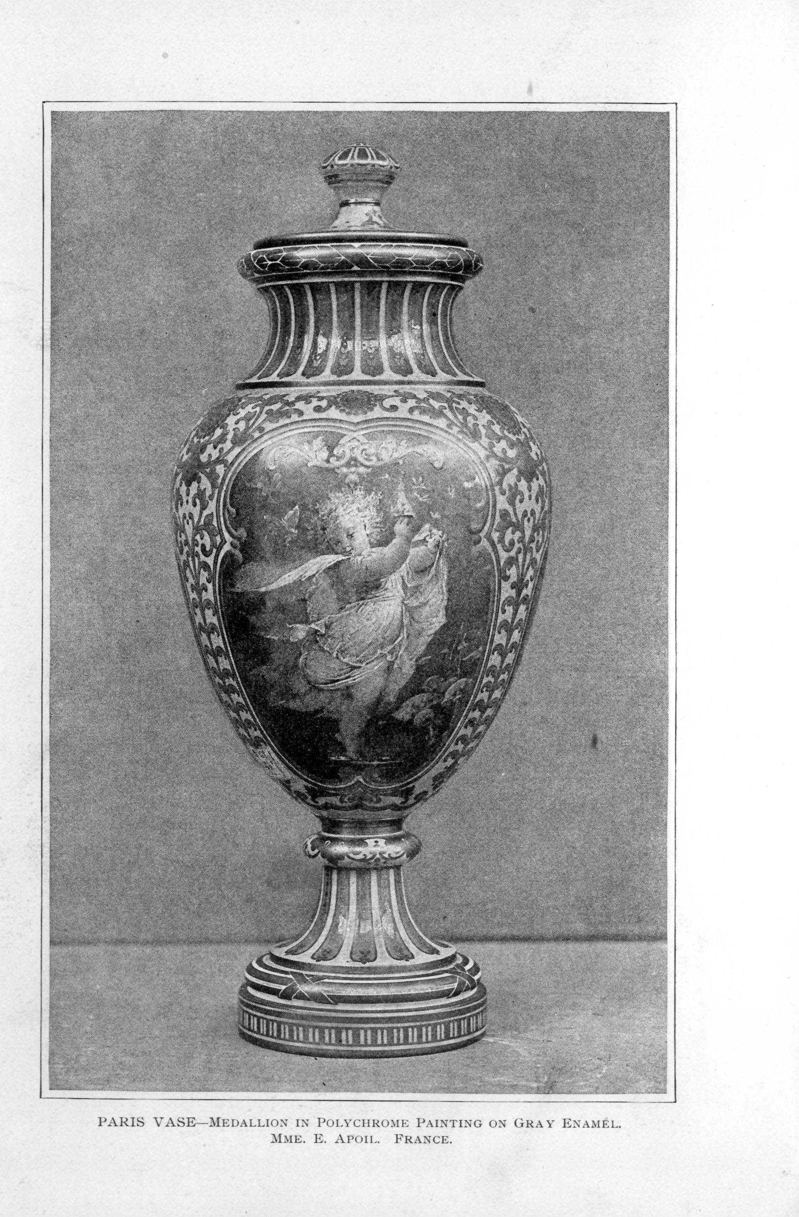 vase painted with scene of child dancing with butterflies