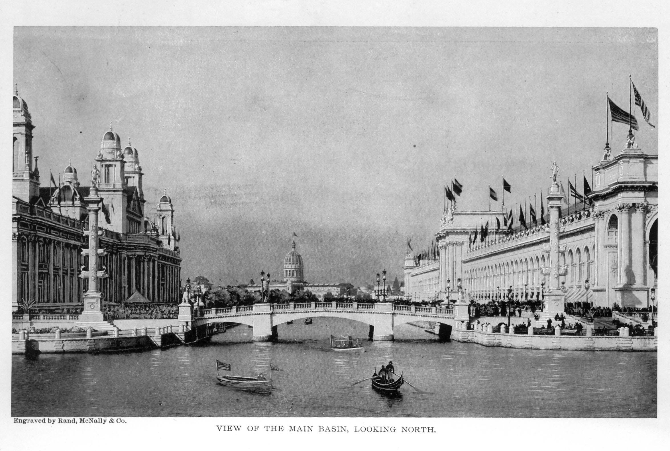 body of water surrounded by large ornate buildings decorated with domes, columns, and flags