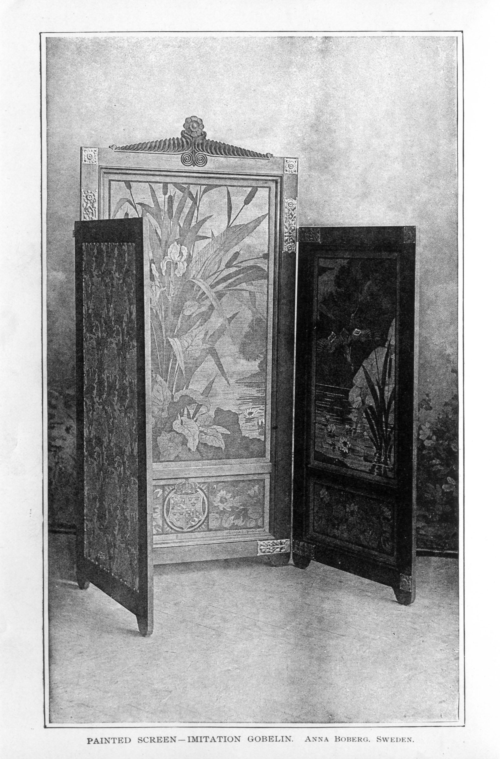 three panel screen painted with water scene including reeds and lilies