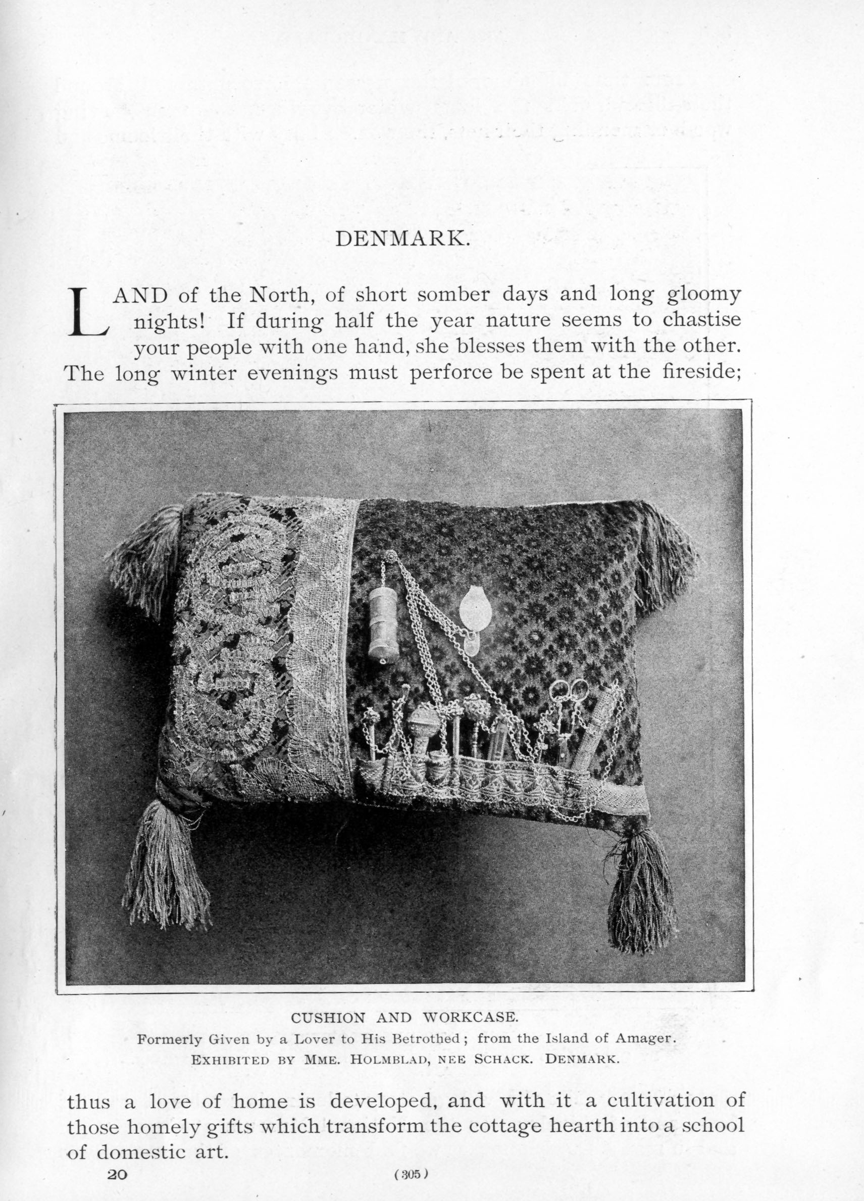 ornately embroidered and tasseled cushion including pouches for various small tools