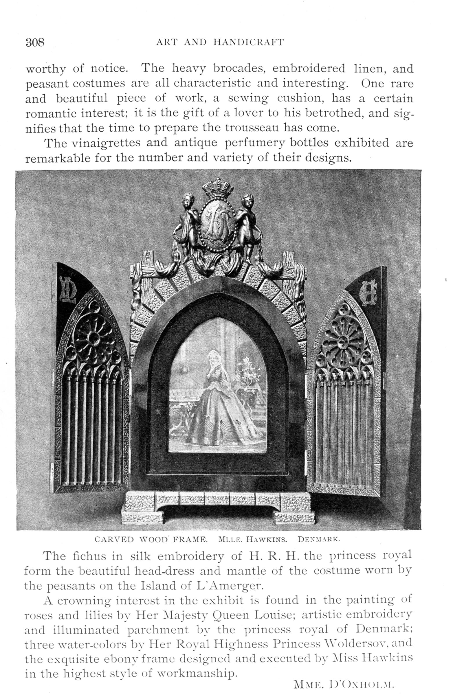 arched intricately carved frame with doors decorated with gothic windows, portrait of woman in frame