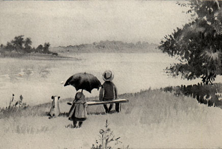 two children, one with umbrella, and a dog looking out on a river