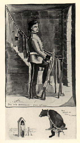 man in military uniform with rifle standing guard in a stairwell. Underneath is a cartoon of a sentry in a pillarbox and a bear on a chain.