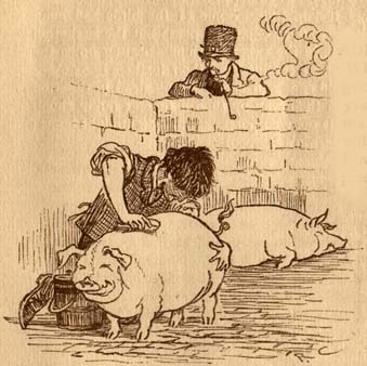 Young man working with a pig in a pigsty, another man watches. D (illuminated capital for Daddy)