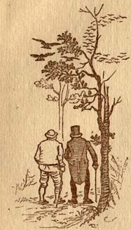 Two old men walking through woods, crows flying ahead of them. C (illuminated capital for Craw)
