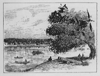 landscape with water and row boats, three people rest by tree on shore