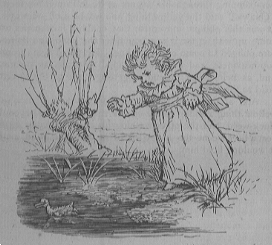 A small child chases after a duck in a pond.
