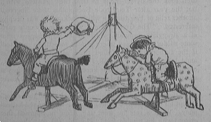Two small children ride a merry-go-round.