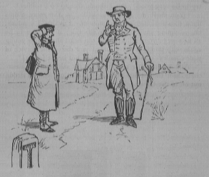 The postman salutes a gentleman on the road. A stone marker bears the letter T (Illuminated capital for Twenty).