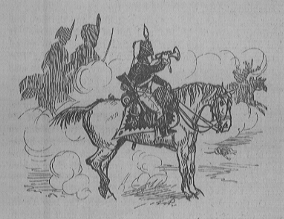 A boy sits on the back of a horse blowing a trumpet amidst a battle.