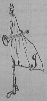 A flag and trumpet hang from a horse whip. The flag is embroidered with the letter J (Illuminated capital for Jackanapes)