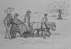 An old woman rides in a small cart drawn by a horse while several men walk alongside her.
