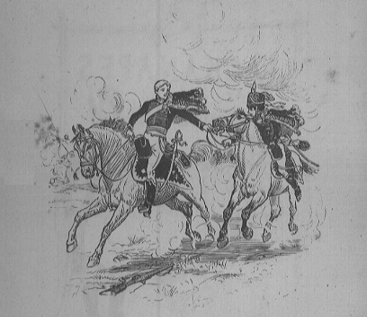 A man riding a horse grasps the reigns of another rider's horse.