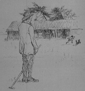 man standing with a rake watching boy and dog run and play in the distance
