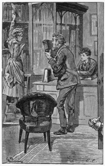 Arthur sitting at desk, Mary on a stepladder reaching to the highest shelf of a bookshelf. The Scotchman is handing her the dictionary and the dog is peeking into the room through the doorway.