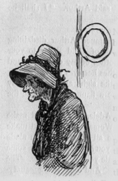 Woman in sunhat hunching a little. O (illuminated letter for One).
