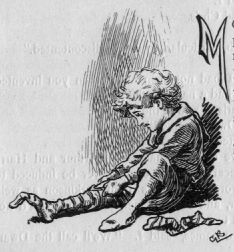 Boy pulling on socks. M (illuminated letter for Mother).