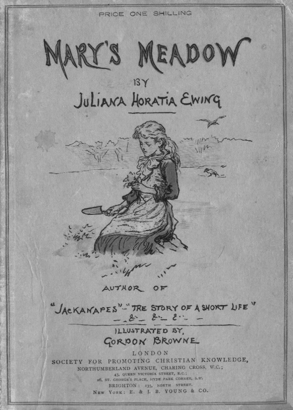 Cover of book, price one shilling. Girl kneeling outside with a plant in one hand and a spade in the other.