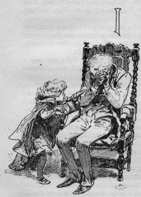 Child comforting seated man. I (illuminated letter for It).