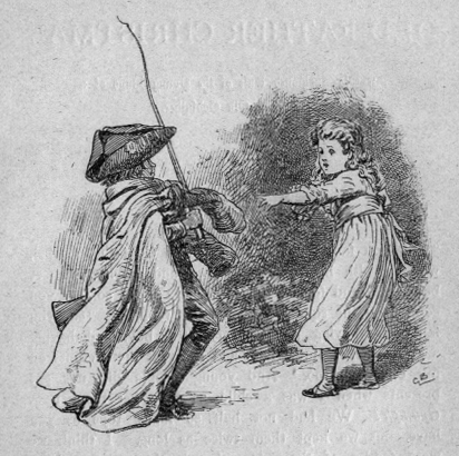 boy in costume with sword, girl pointing at him.