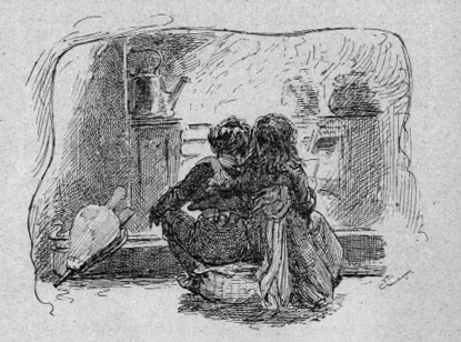 Boy and girl sitting outside kitchen arm in arm.