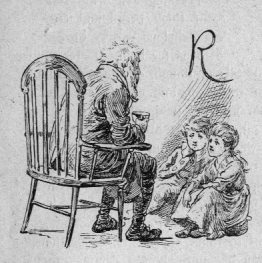 Old man in chair talking to children seated on floor.