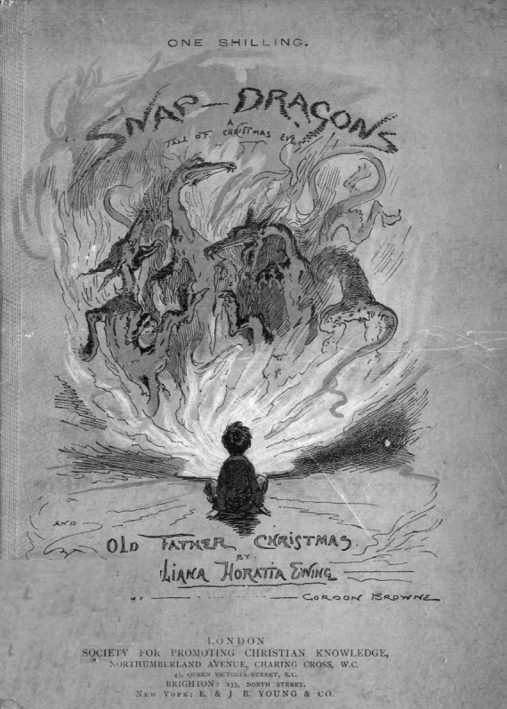 Cover of book, boy seated befor a vision of several dragons dancing in a fire.