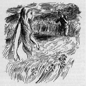 Woman standing in the water, man with hands to his face.
