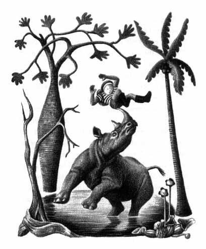 a rhinoceros in a pond swings a boy by his pants with its tusk